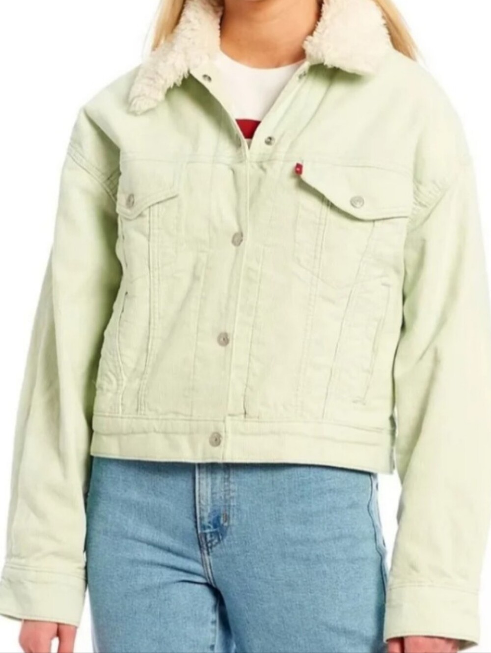 Levi's Women's Light Mint Green Corduroy Trucker Jacket with Sherpa Collar M